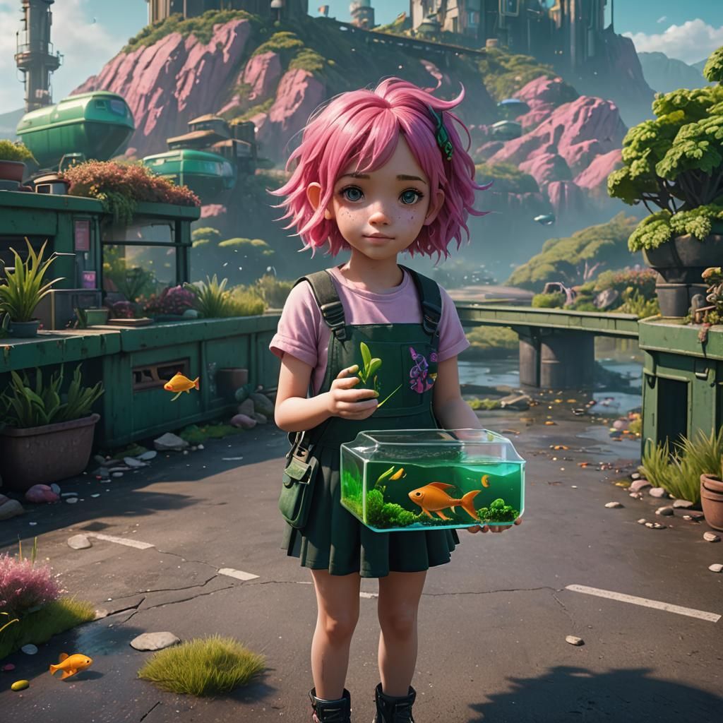 Girl with Pink Hair Holding Fish Tank