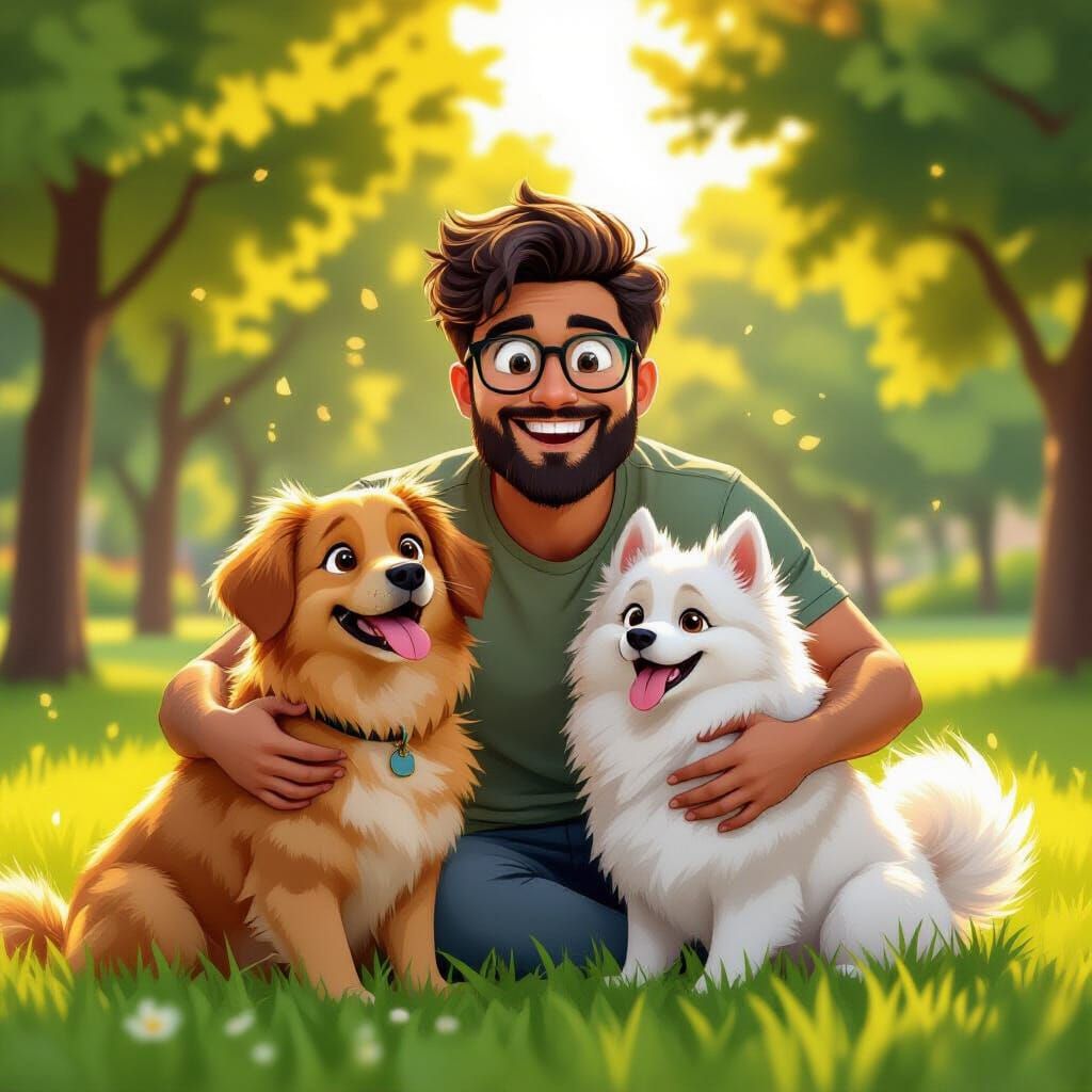 Joyful Man Playing With Dogs in Lush Park