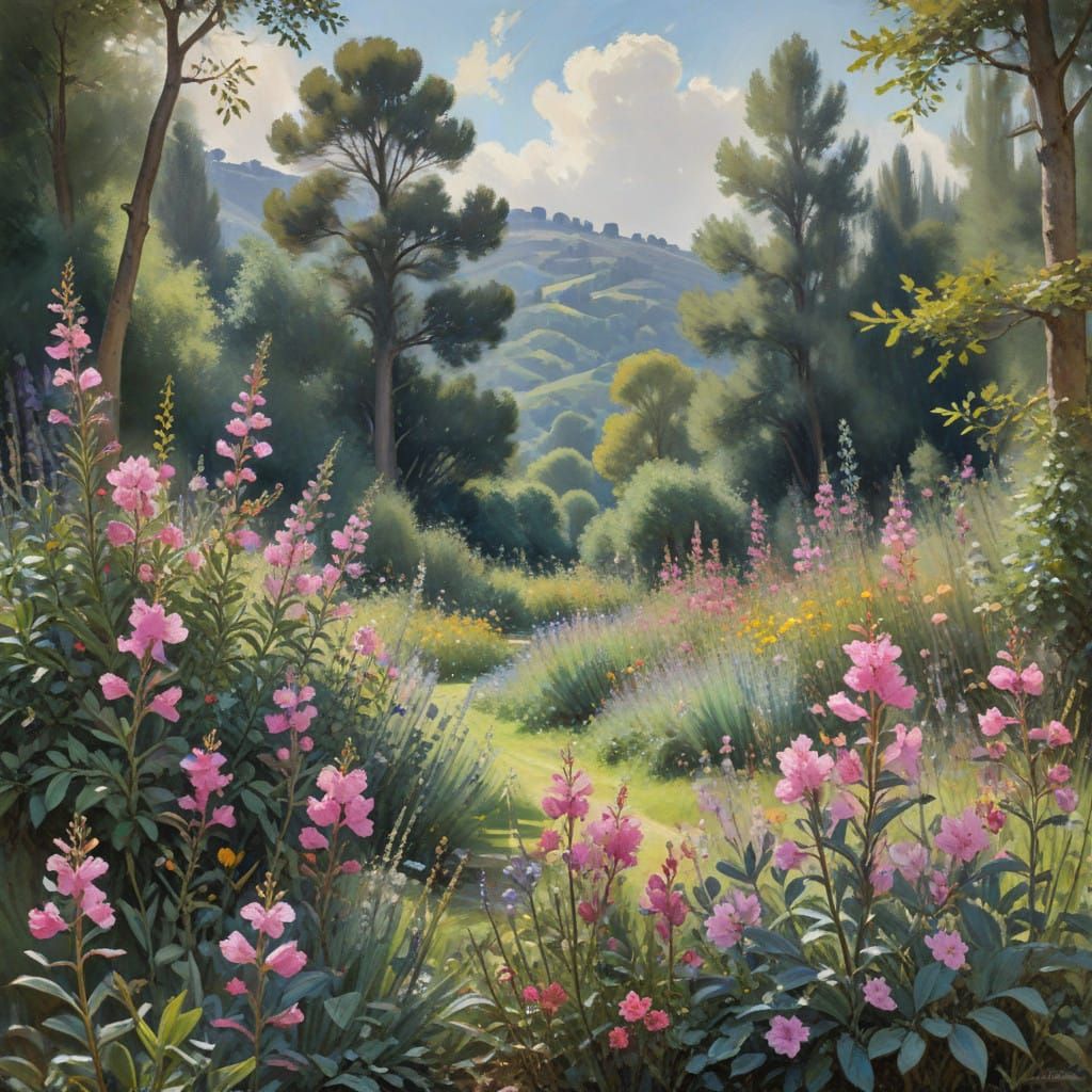 Vibrant Clarkia Blooms in Dreamy Impressionist Landscape