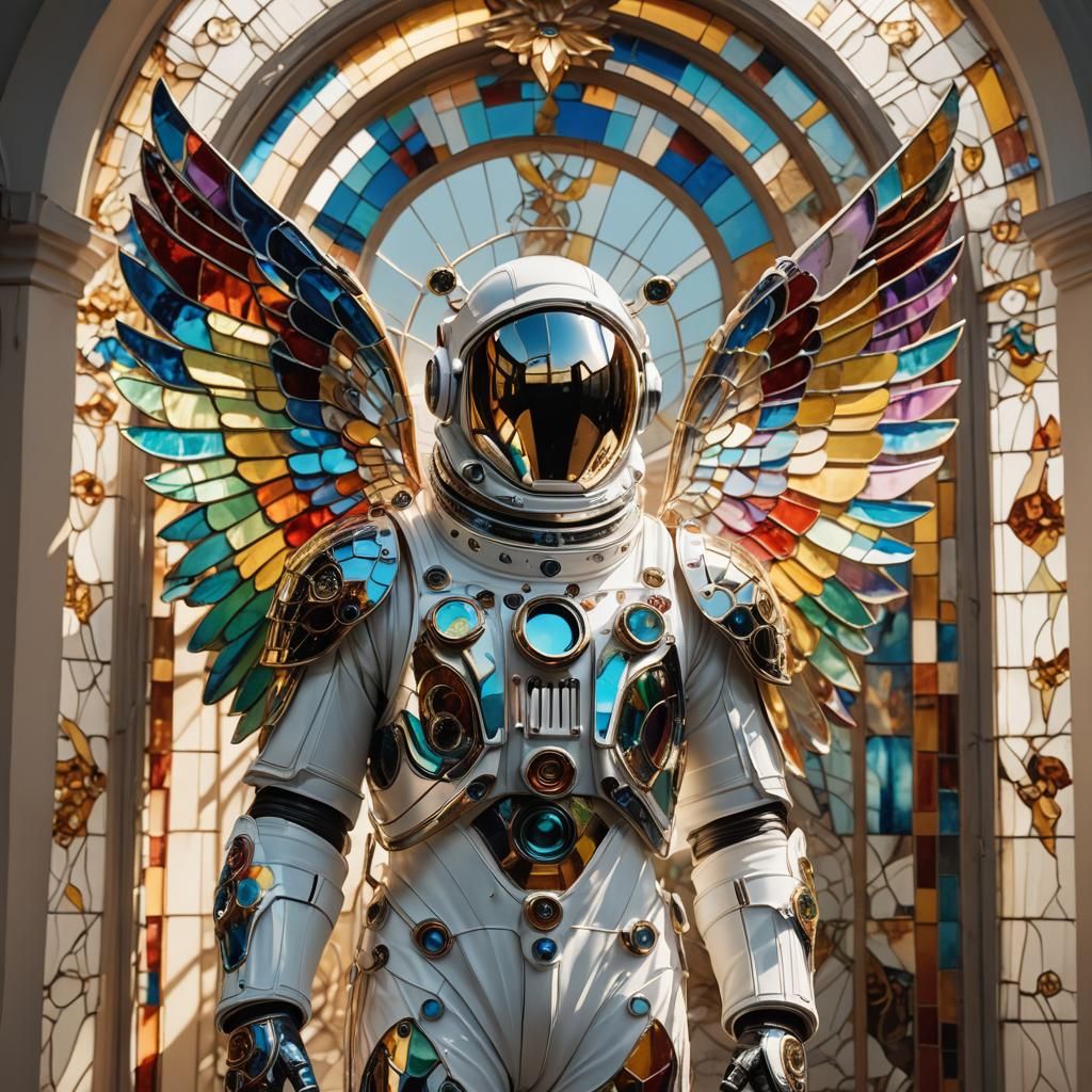 Biomechanical Astronaut with Stained Glass Wings