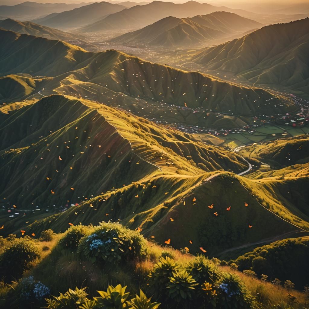 Majestic Mountain Range Vista with Butterflies