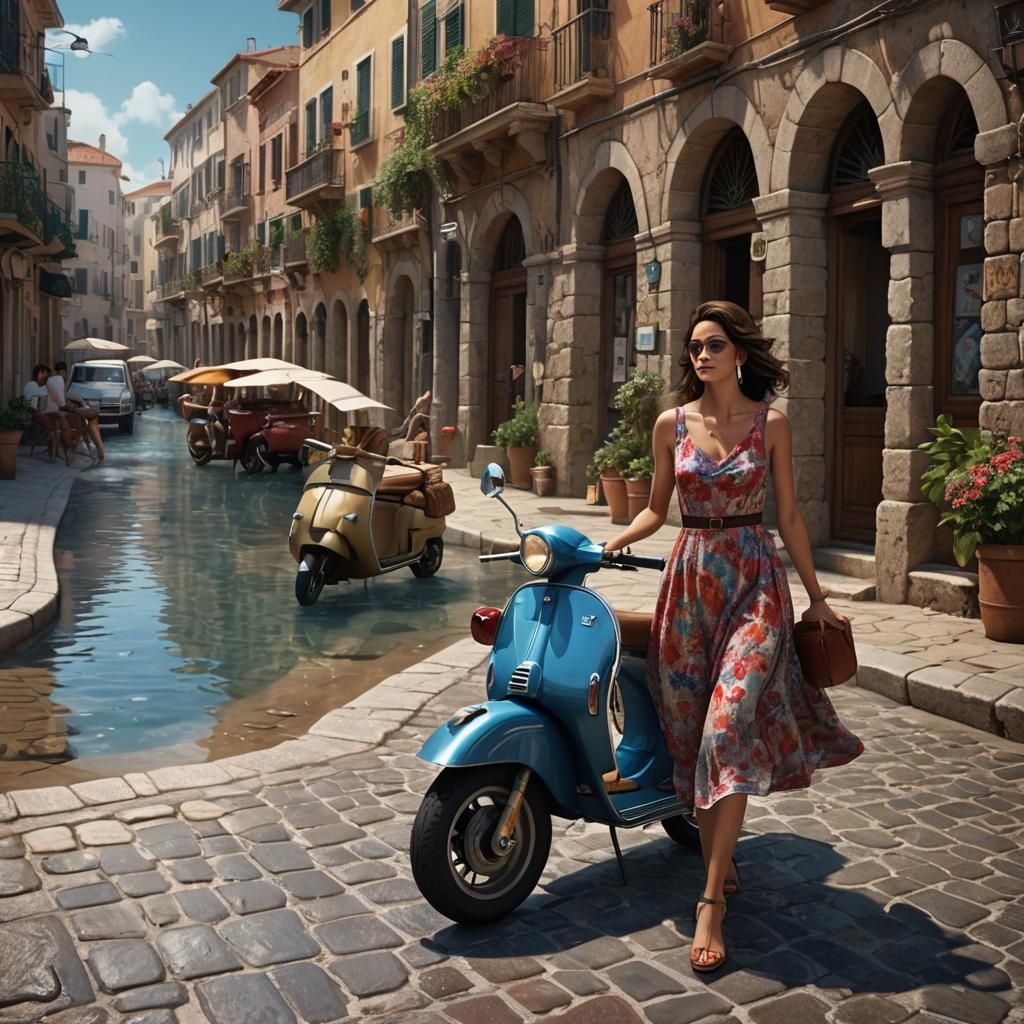 Elena and Vespa in Sardinia: Detailed Matte Painting