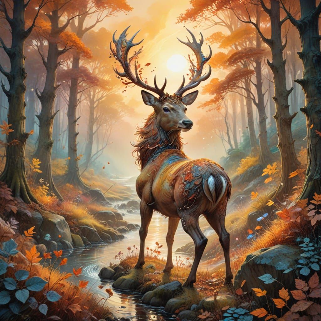 Ethereal Autumn Stag in Whimsical Watercolor and Ink