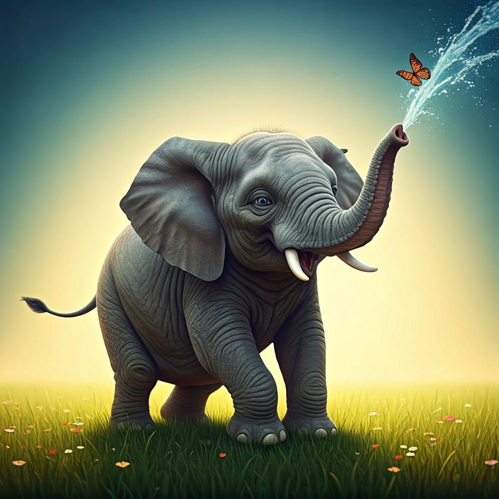 Joyful Baby Elephant Chases Delicate Butterfly in Vibrant La...