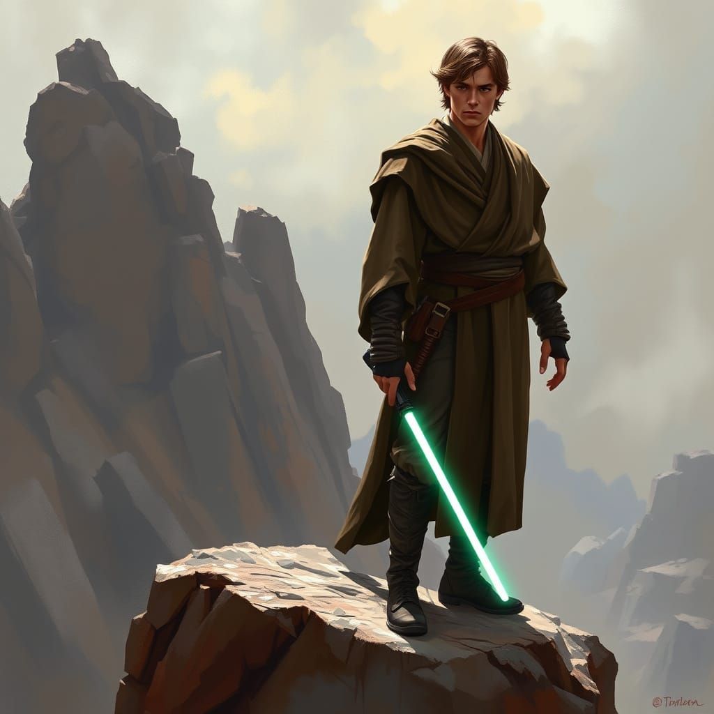 Anakin Skywalker on Rocky Cliff in Digital Painting Style