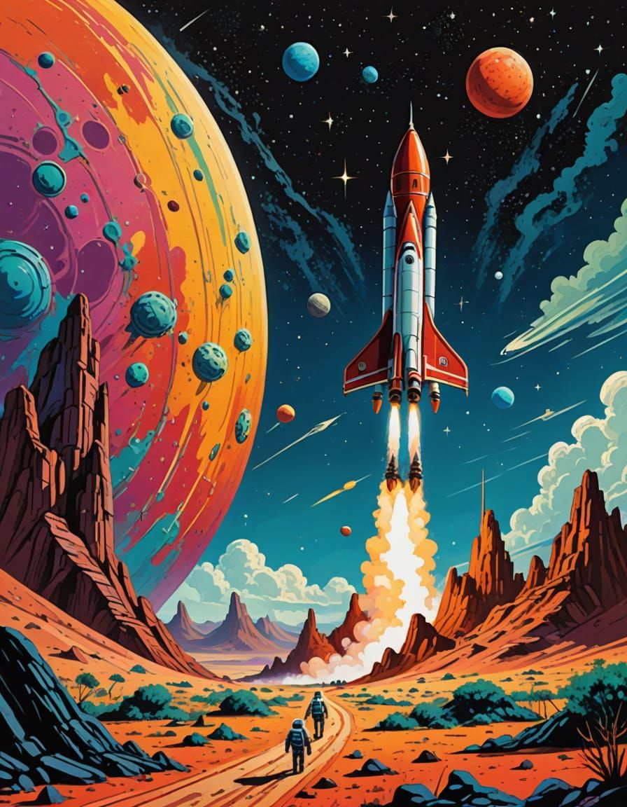 Retro Rocket Landing on Colorful Alien Planet