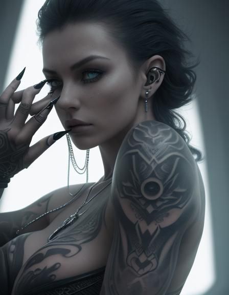Futuristic Woman with Tattoos in Hyperrealistic Style