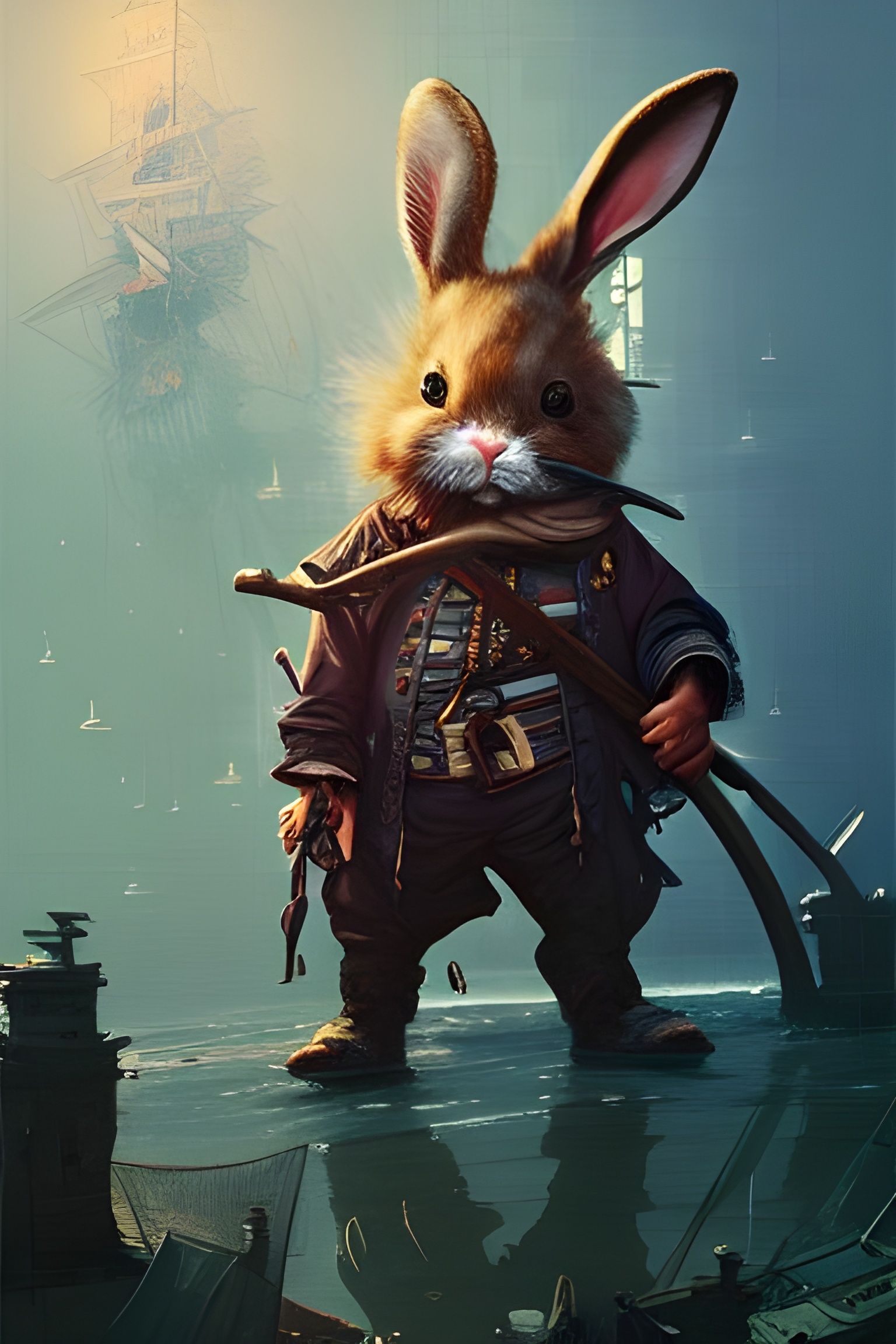Cute pirate Bunny in a honeypunk city