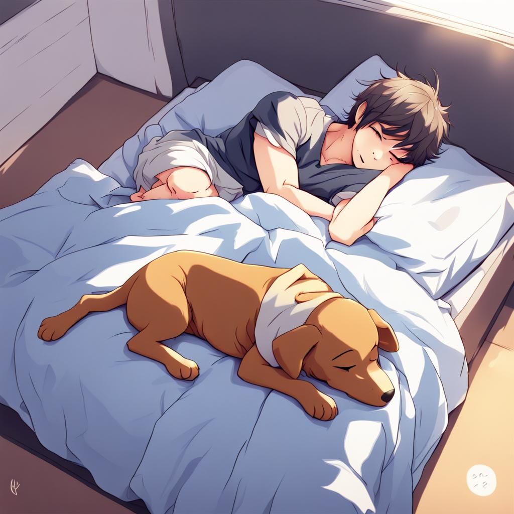 Puppy on Bed in Anime Style