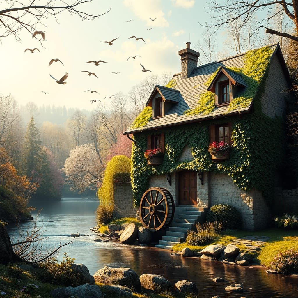 Whimsical Stone Cottage in Vibrant Spring Landscape