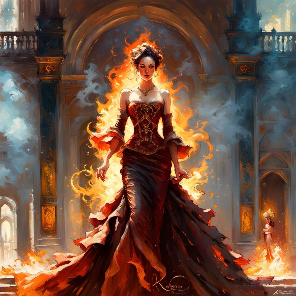 Teen in Flaming Dress, Art Nouveau Digital Painting