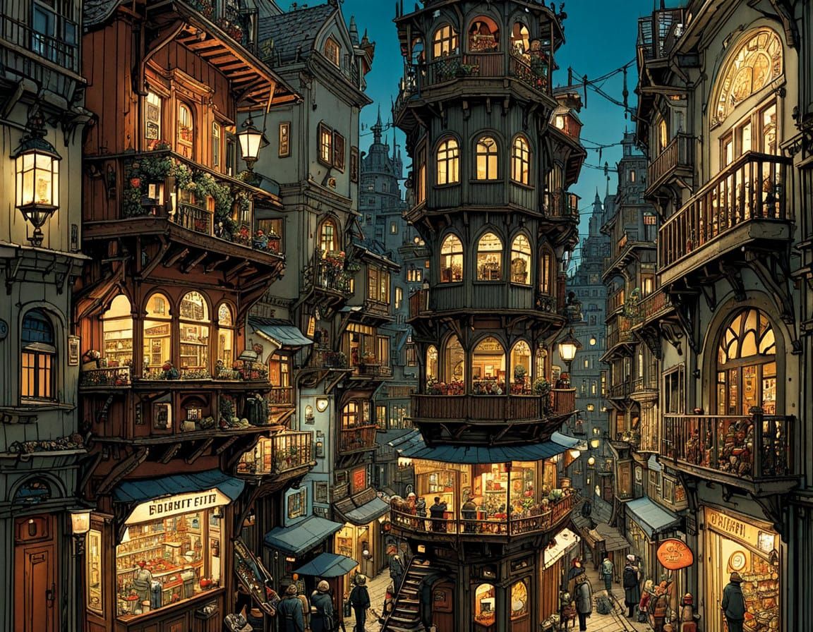 Whimsical Port City in Intricate Watercolor Style