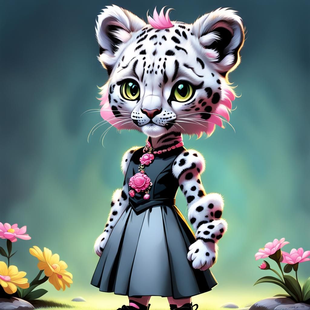 Anthropomorphic Snow Leopard Cub in Pink Dress