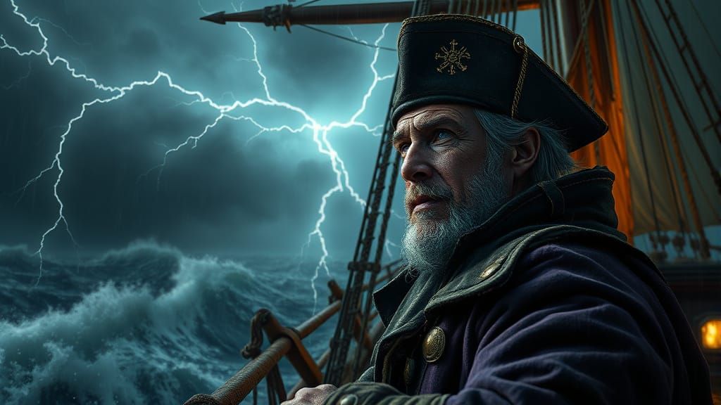 Sea Captain in Tempestuous Storm, Dark Fantasy Art