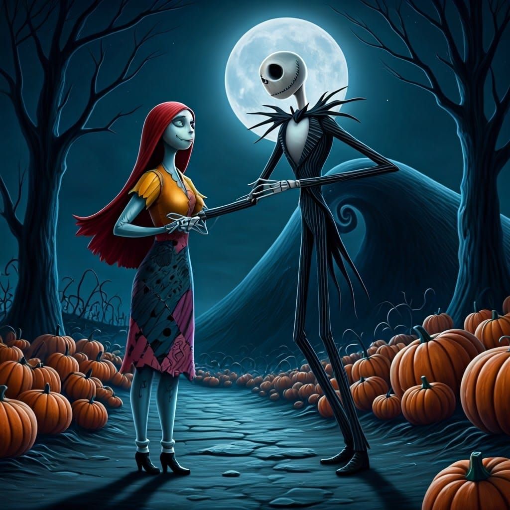 Jack and Sally Dancing in a Pumpkin Patch
