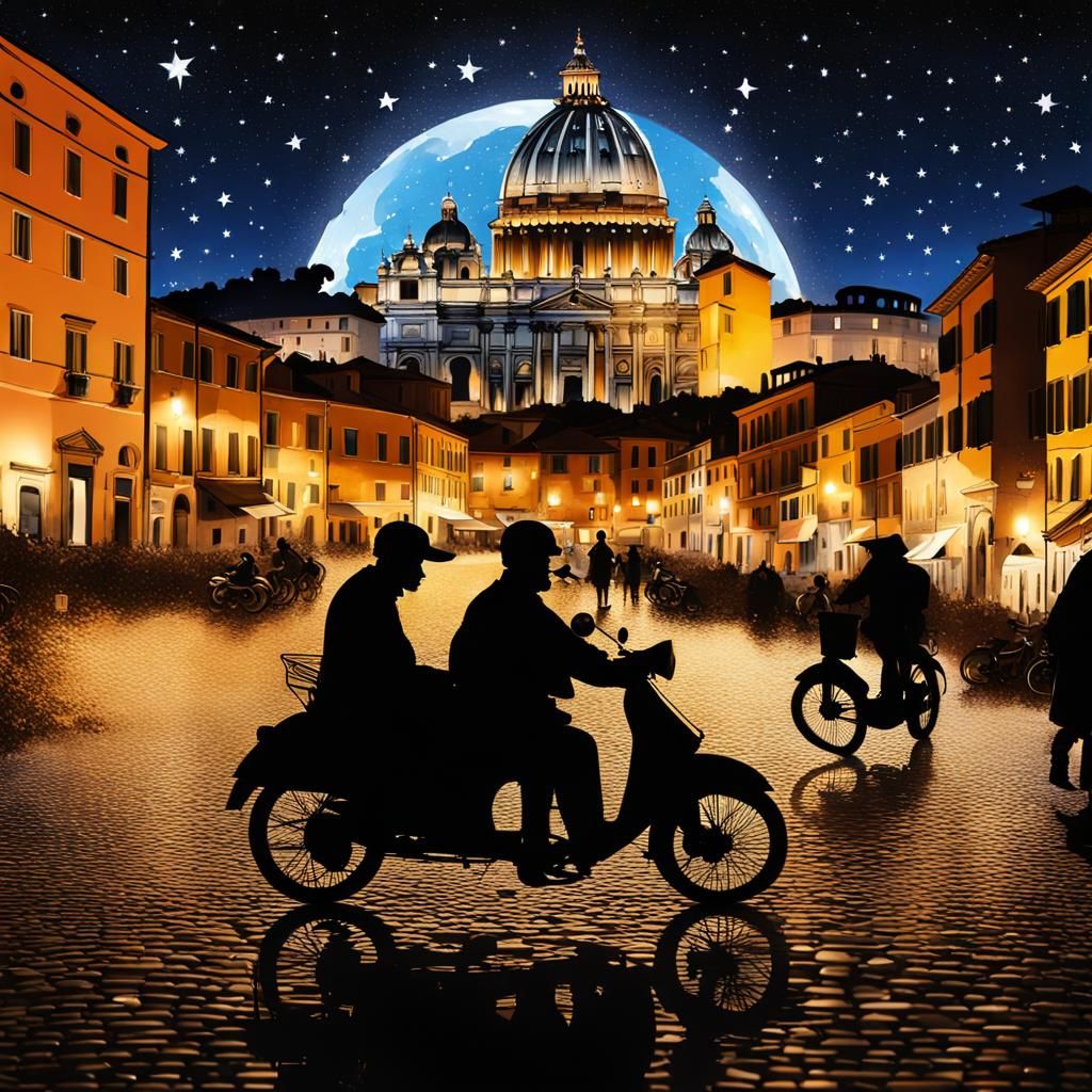 Rome Nightlife Silhouette in Double Exposure