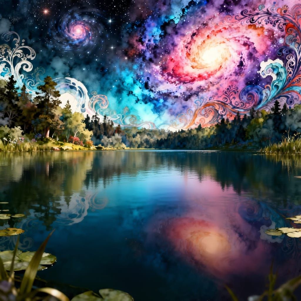 Fantastical Cosmic Lake in Watercolor and Ink