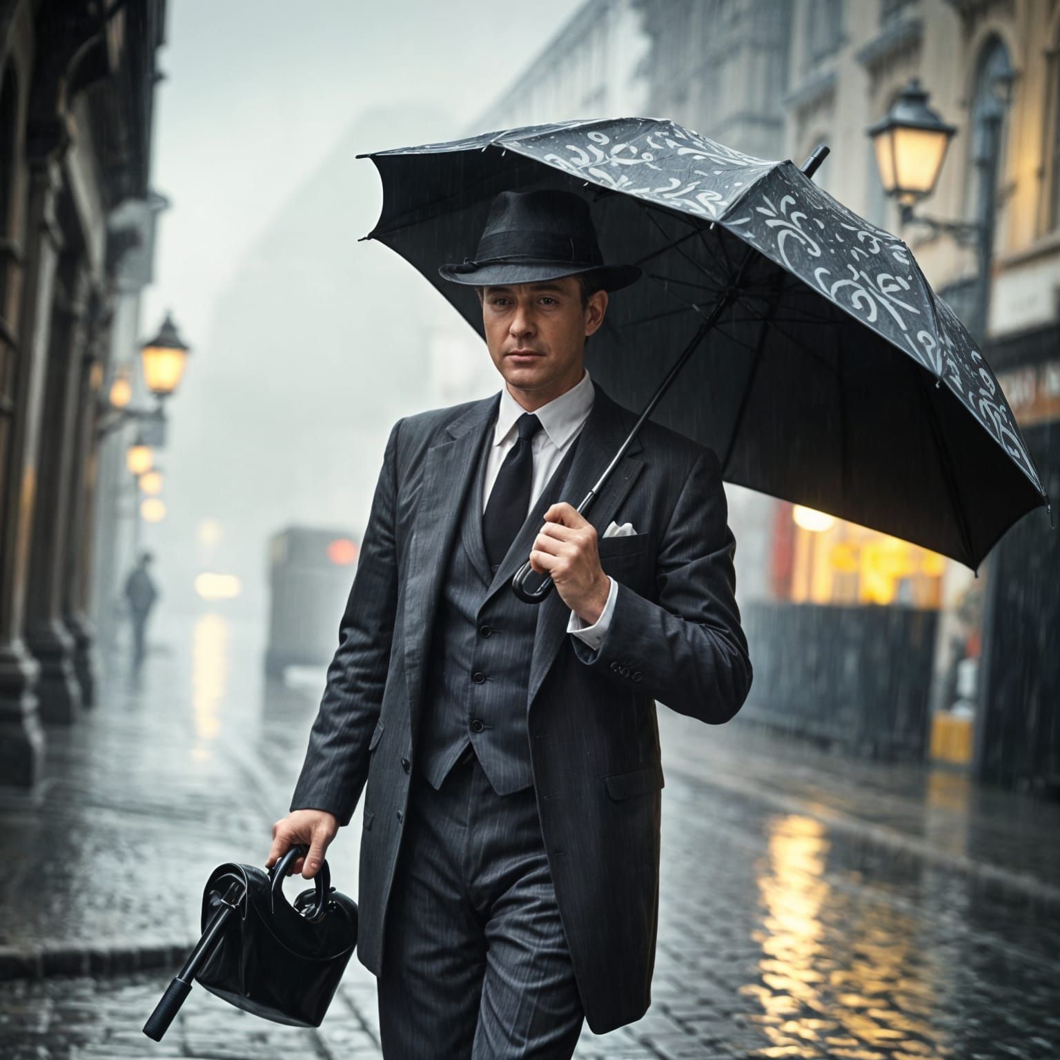 Iconic Spy Walking Under Black Umbrella in Rainy London