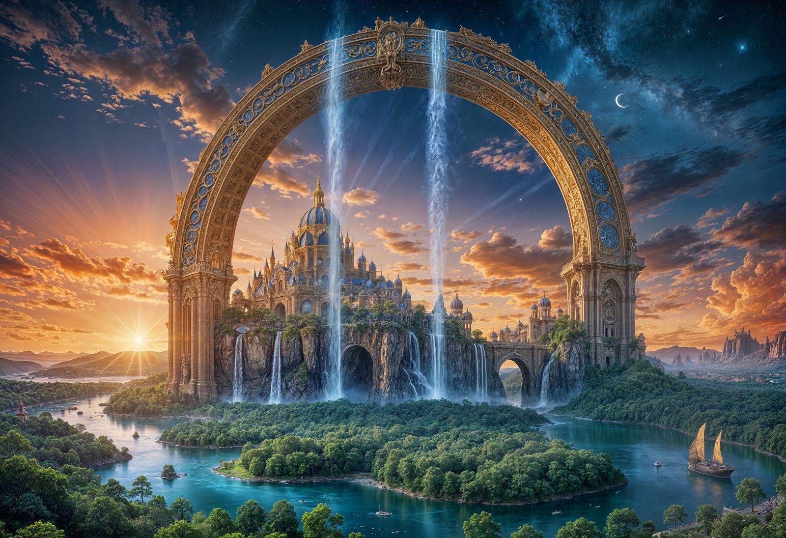 Fantasy Citadel Within Giant Ornate Arch at Sunset
