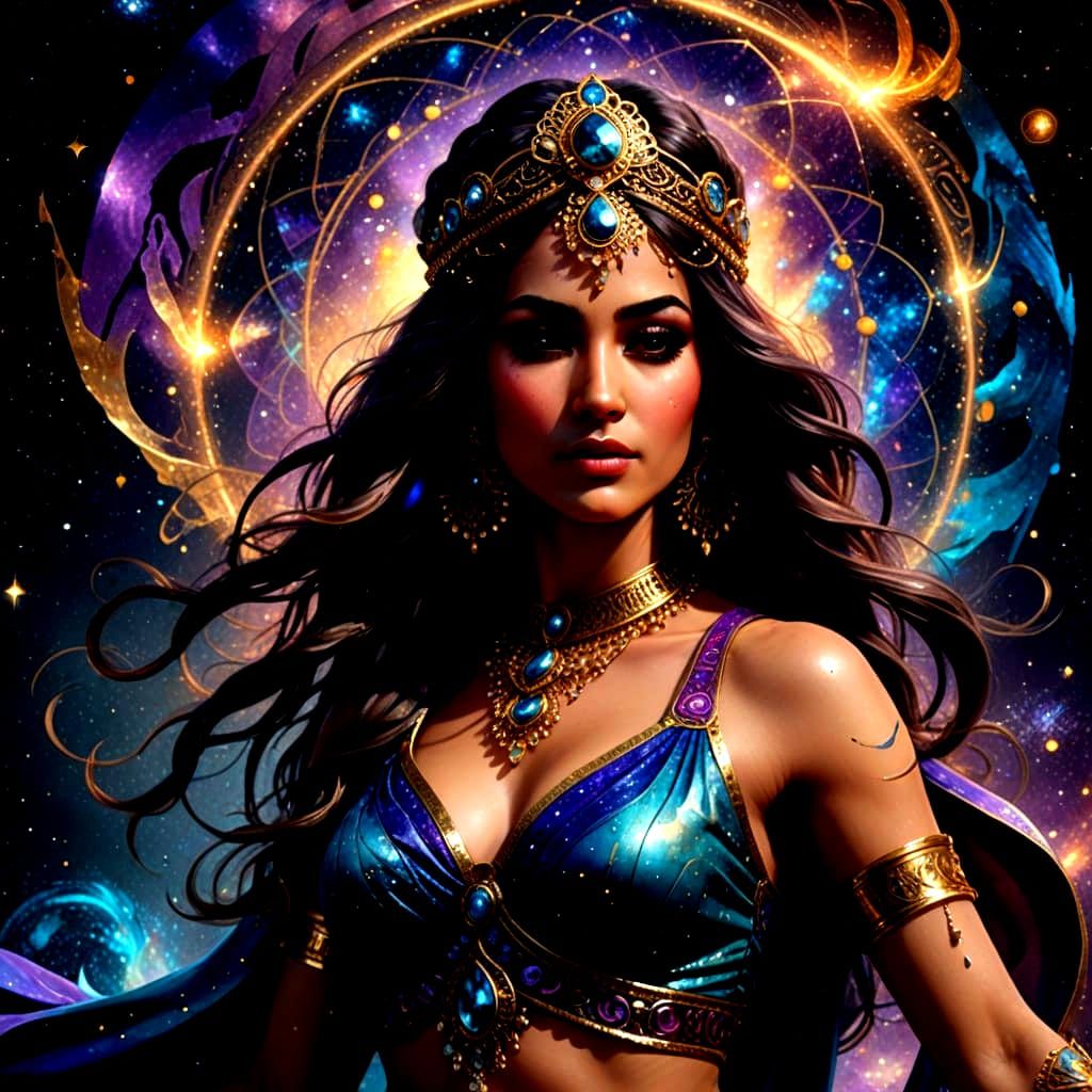 Surreal Cosmic Belly Dancer Portrait in Vibrant Blues and Pu...