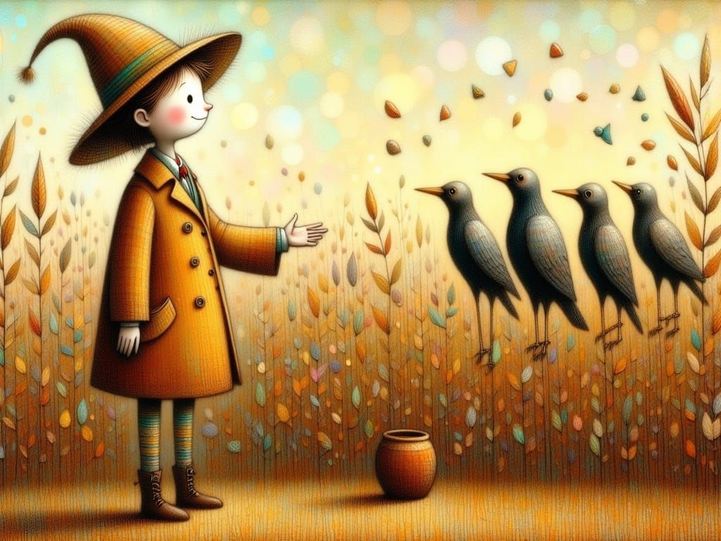 Whimsical Scarecrow Feeds Ravens in Folk-Art Style