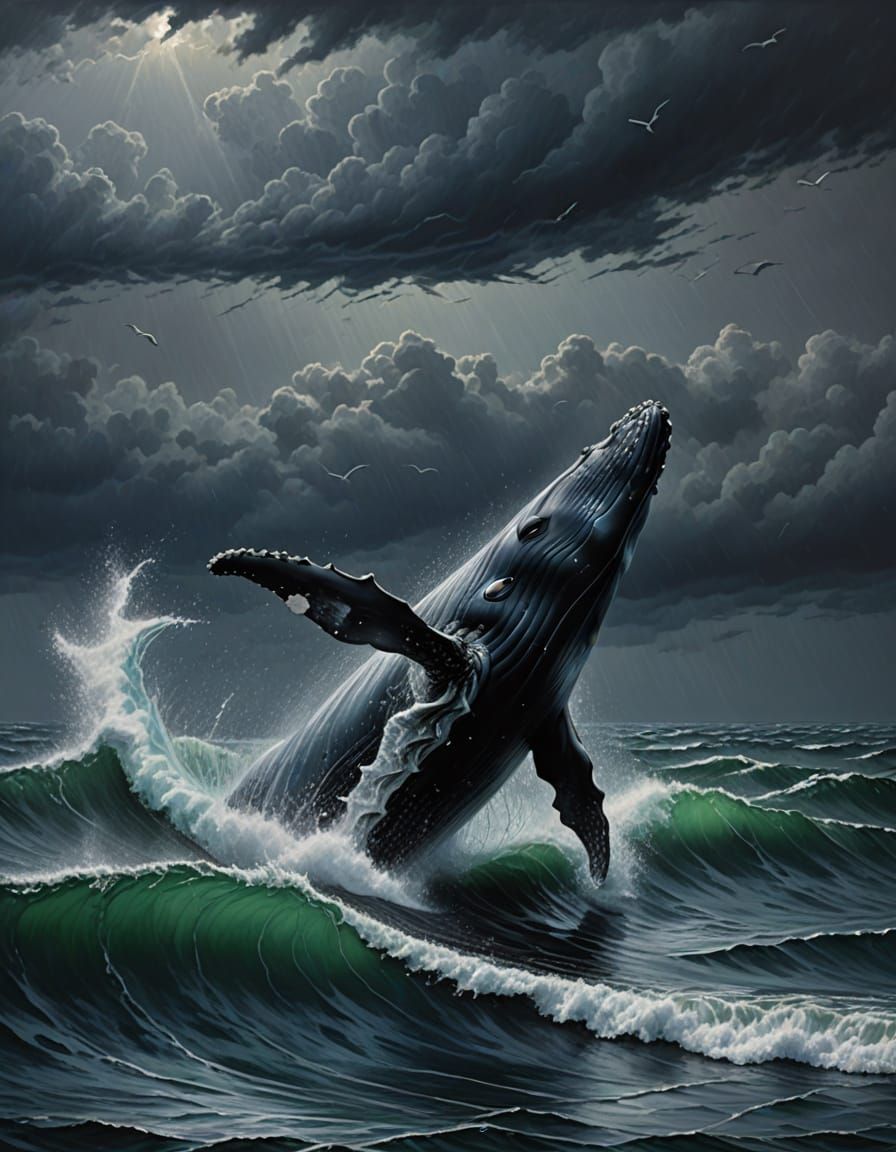 Whale Breaks Surface in Turbulent Stormy Seascape