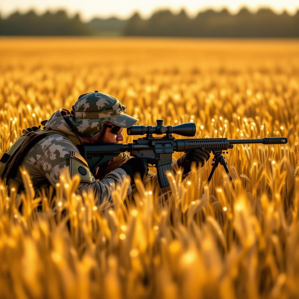 Lone Sniper in Golden Wheat Field - Cinematic Film Still