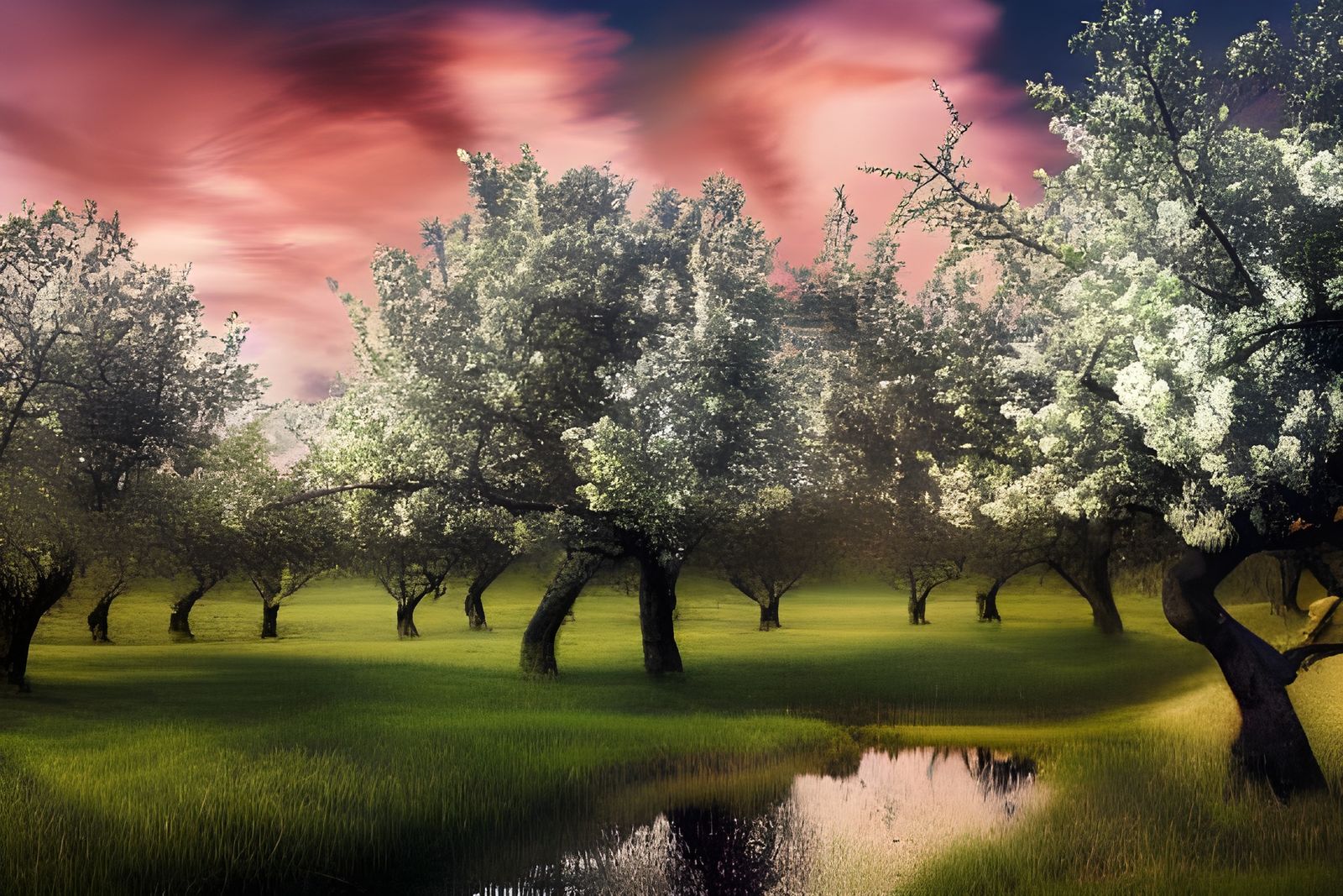 Bioluminescent Apple Orchard at Night in CGI Style