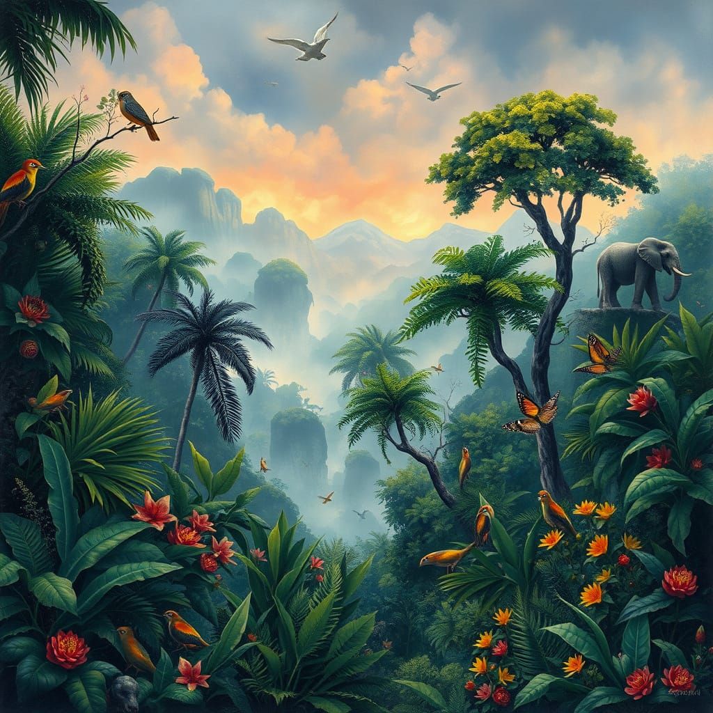 Lush African Jungle in Neo-Impressionist Style