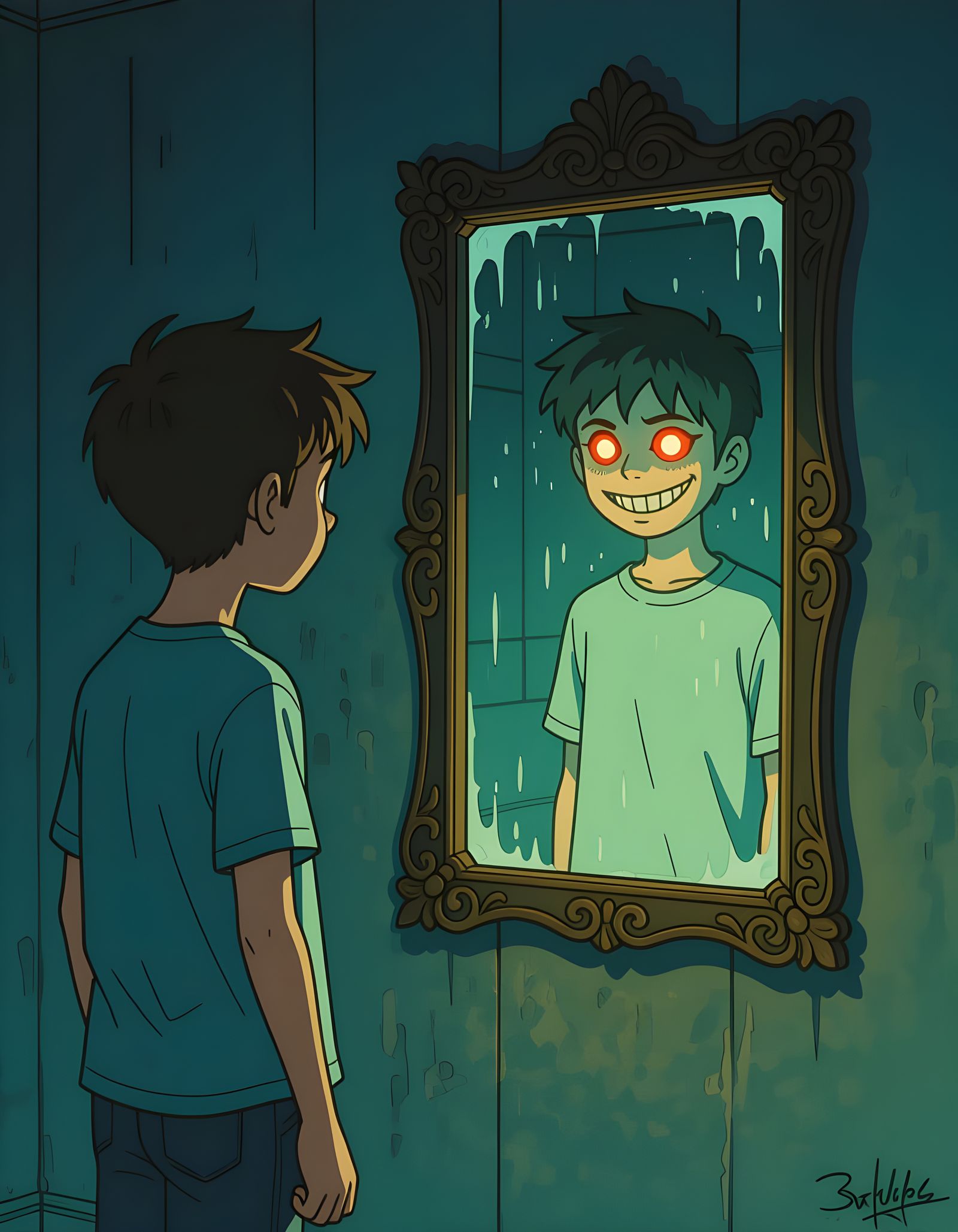 Boy Sees Good and Evil Self in Mirror