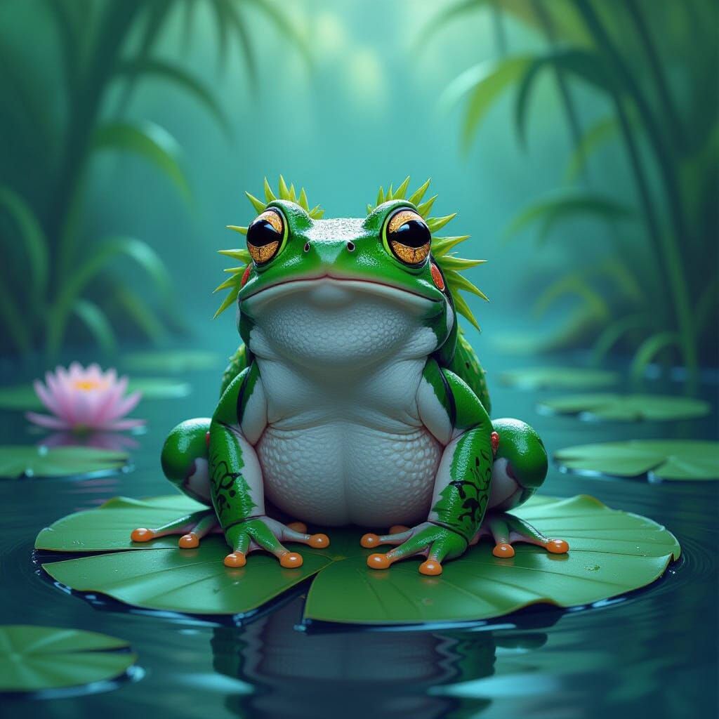 Bioluminescent Frog in Jungle Lagoon, Art Nouveau Style