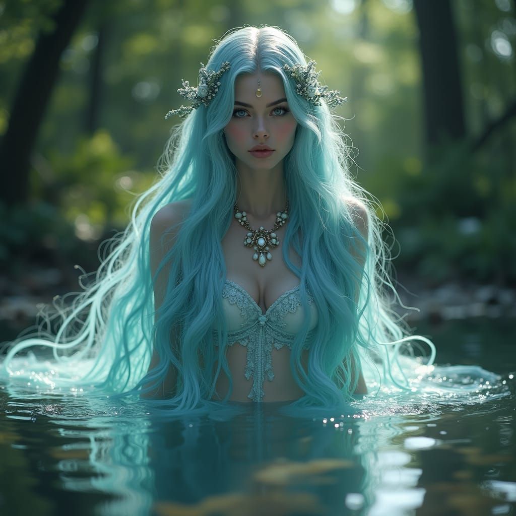 Surreal Goddess Rises from Pond in Enchanting Water Scene