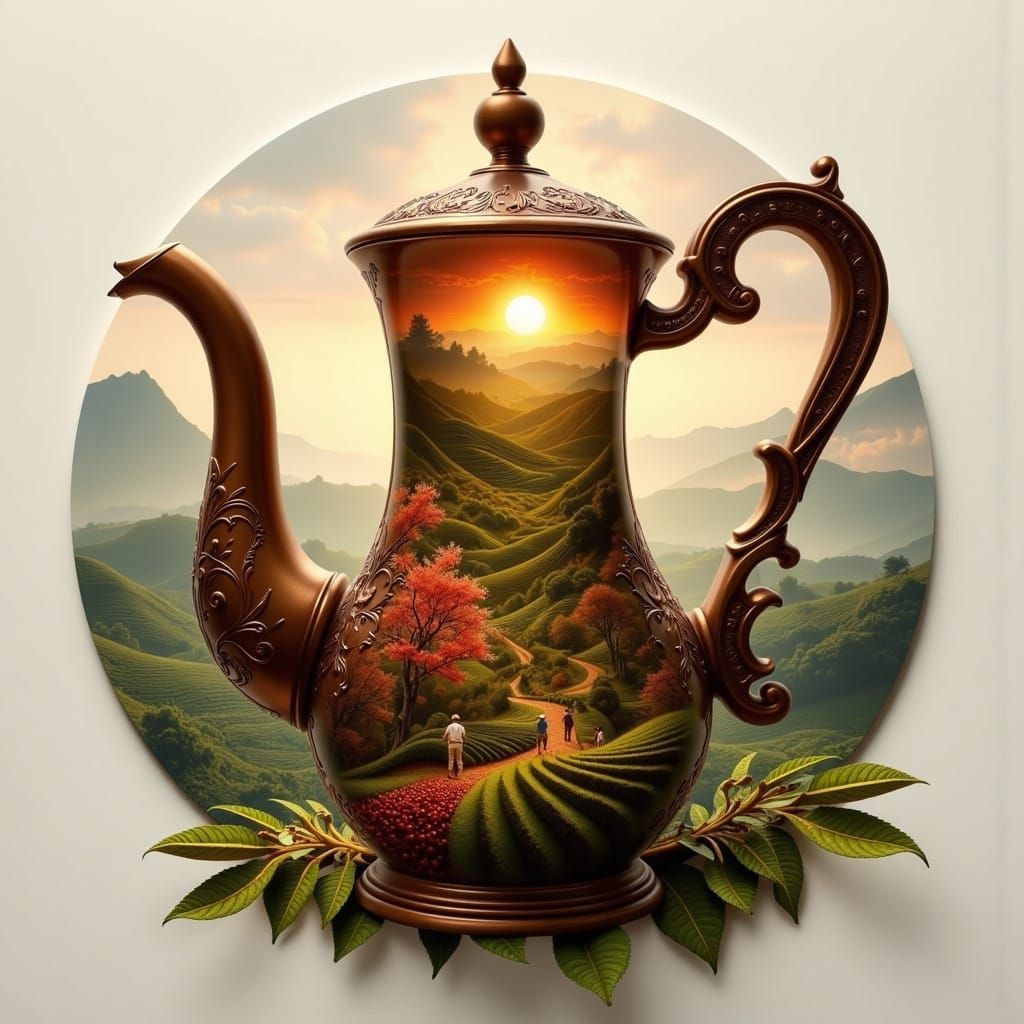 Ethereal Coffee Pot in a Dreamy Coffee Plantation Landscape