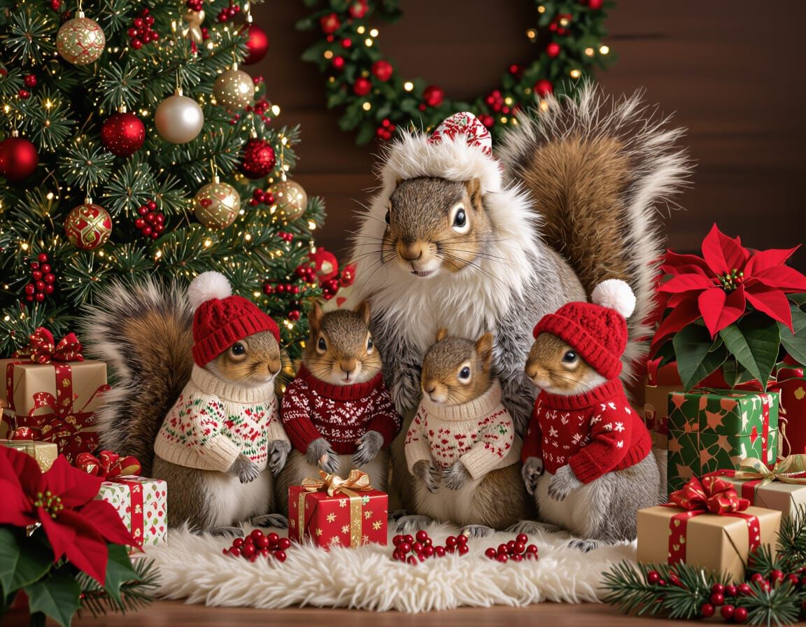 Cute Squirrel Family Celebrating Christmas with Gifts and Sn...