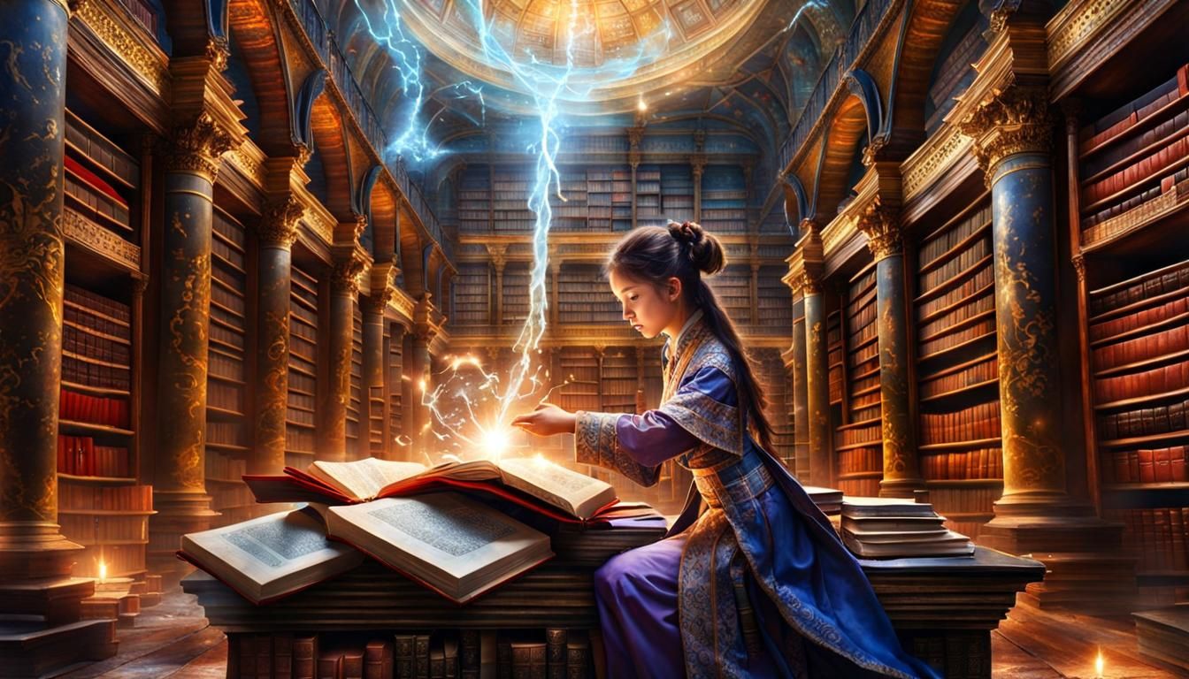 Apprentice Mage in Ancient Library, Hyperdetailed Illustrati...