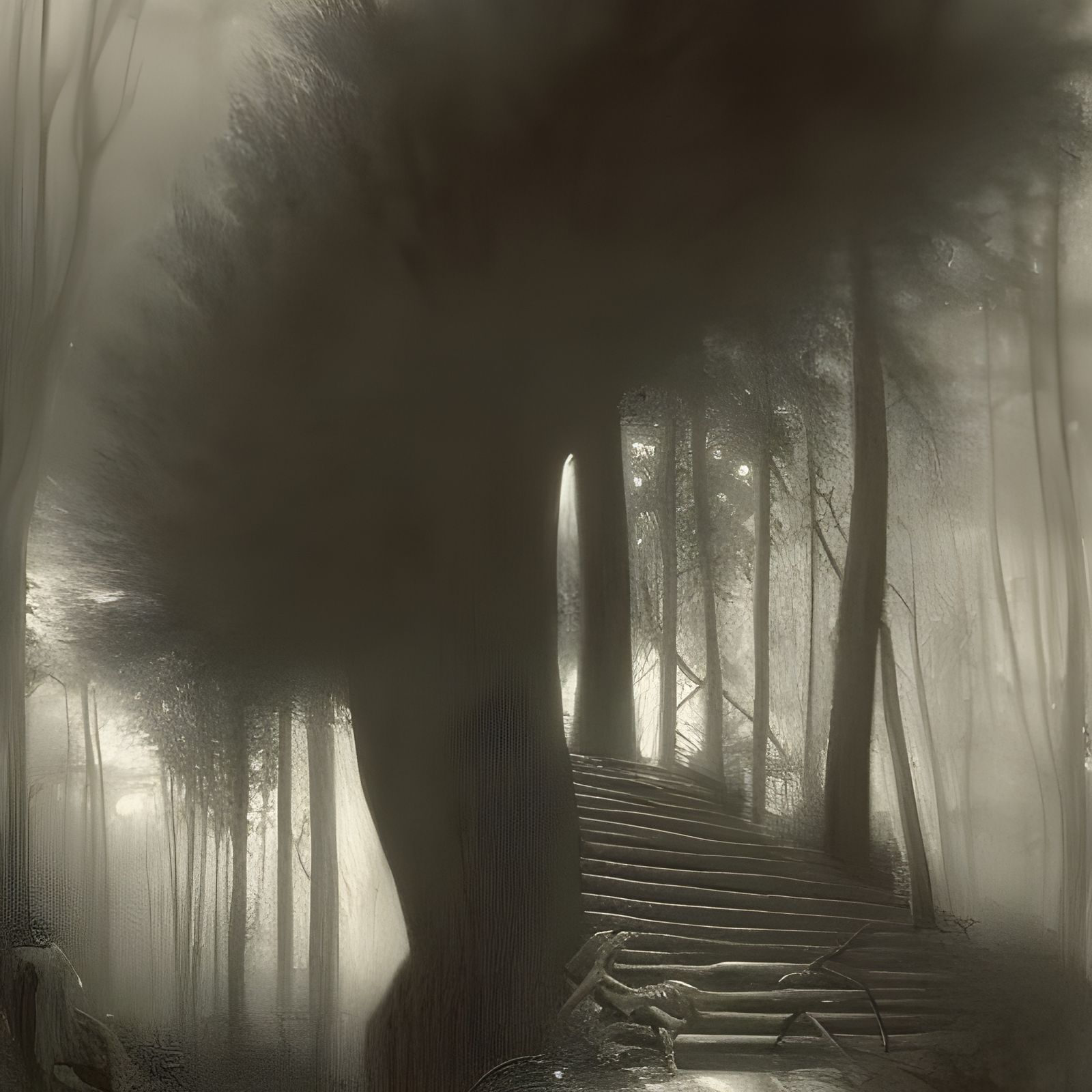 Eerie Stairs in Dark Woods: Engraving Style