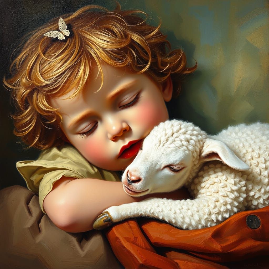 Child and Lamb Sleep Peacefully in a Gentle Oil Painting