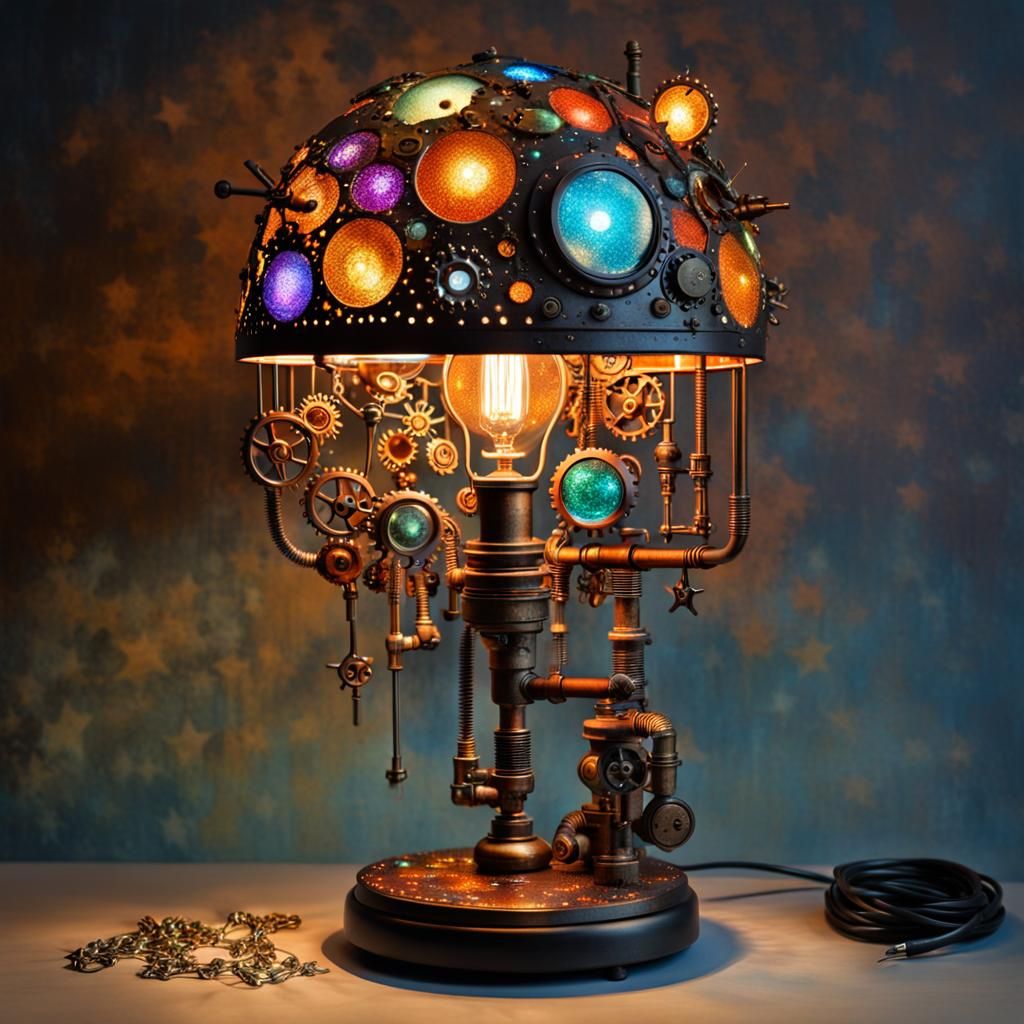 Surreal Steampunk Desklamp with Stars and Sparkling Lights