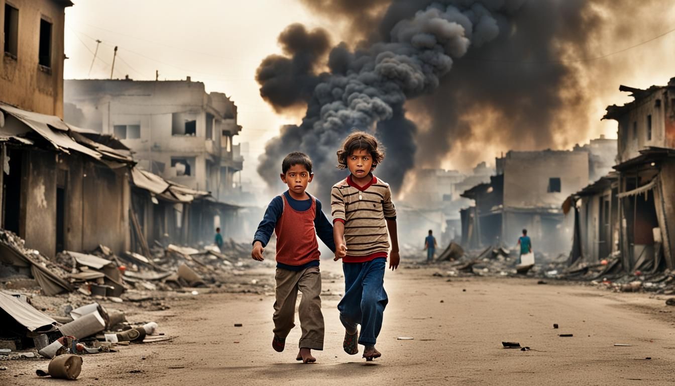 Children Playing in War-Torn City: Professional Portrait