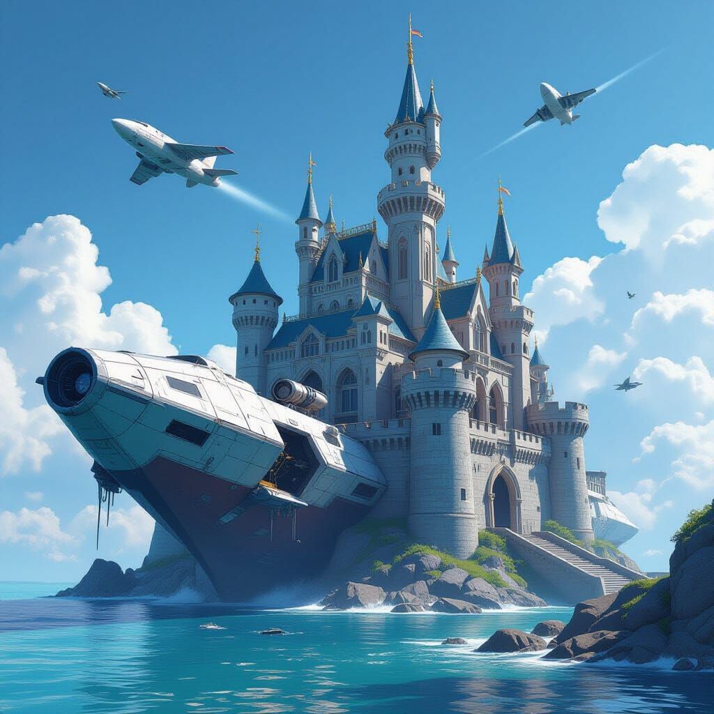 Castle Built on Crashed Spaceship Wreck: Anime Art