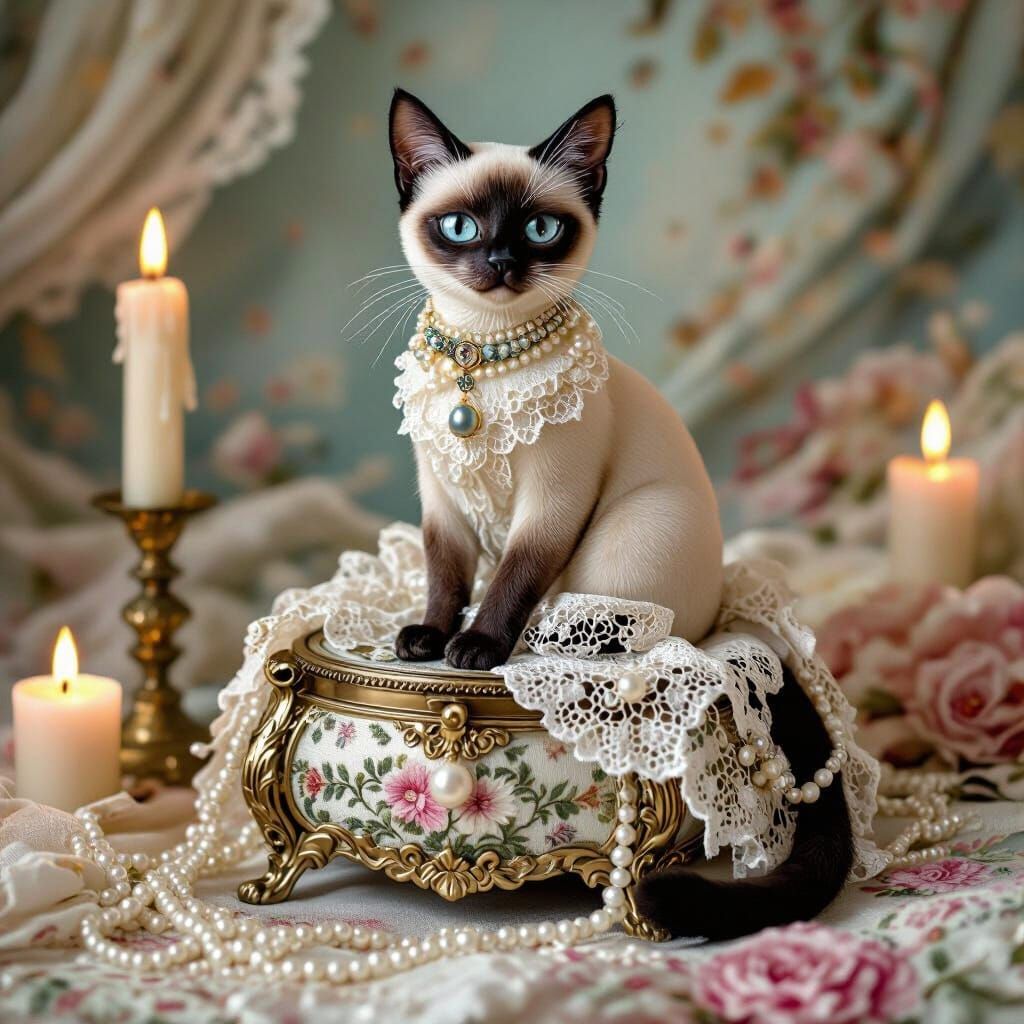 Lace and Pearl Siamese Cat Sculpture in Art Nouveau Style