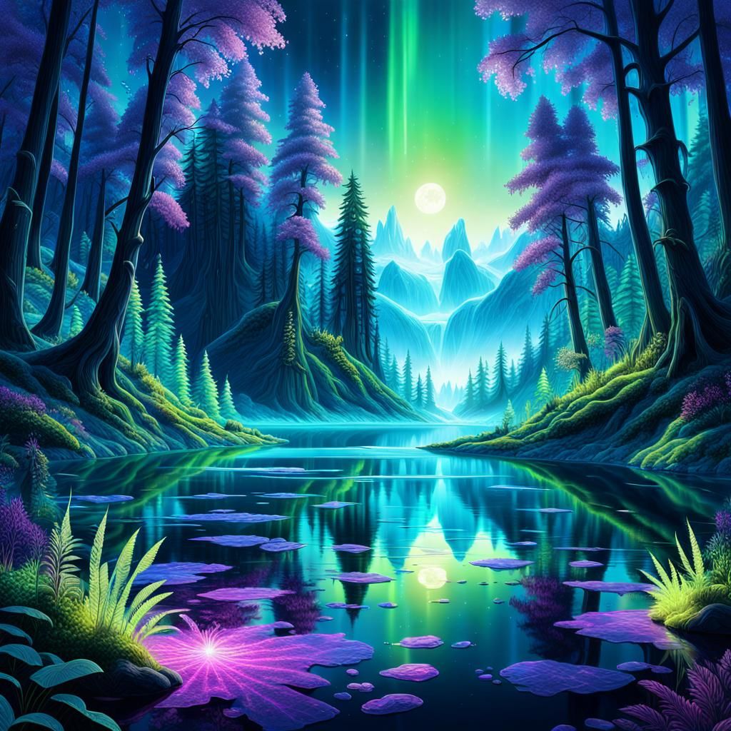 Shimmering Fluorescent Forest Landscape in Fantasy Art Style