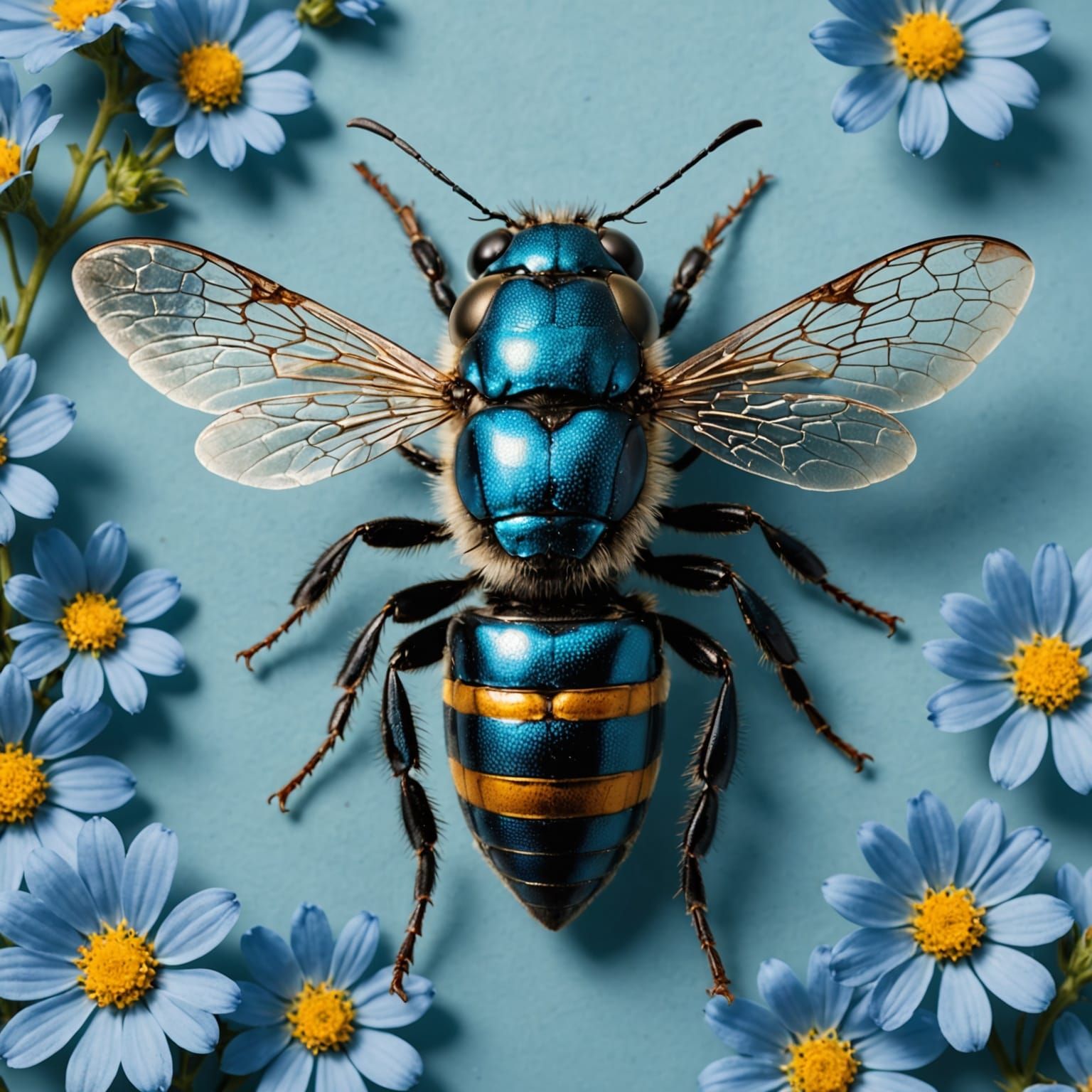 Vibrant Blue Bee in Flight