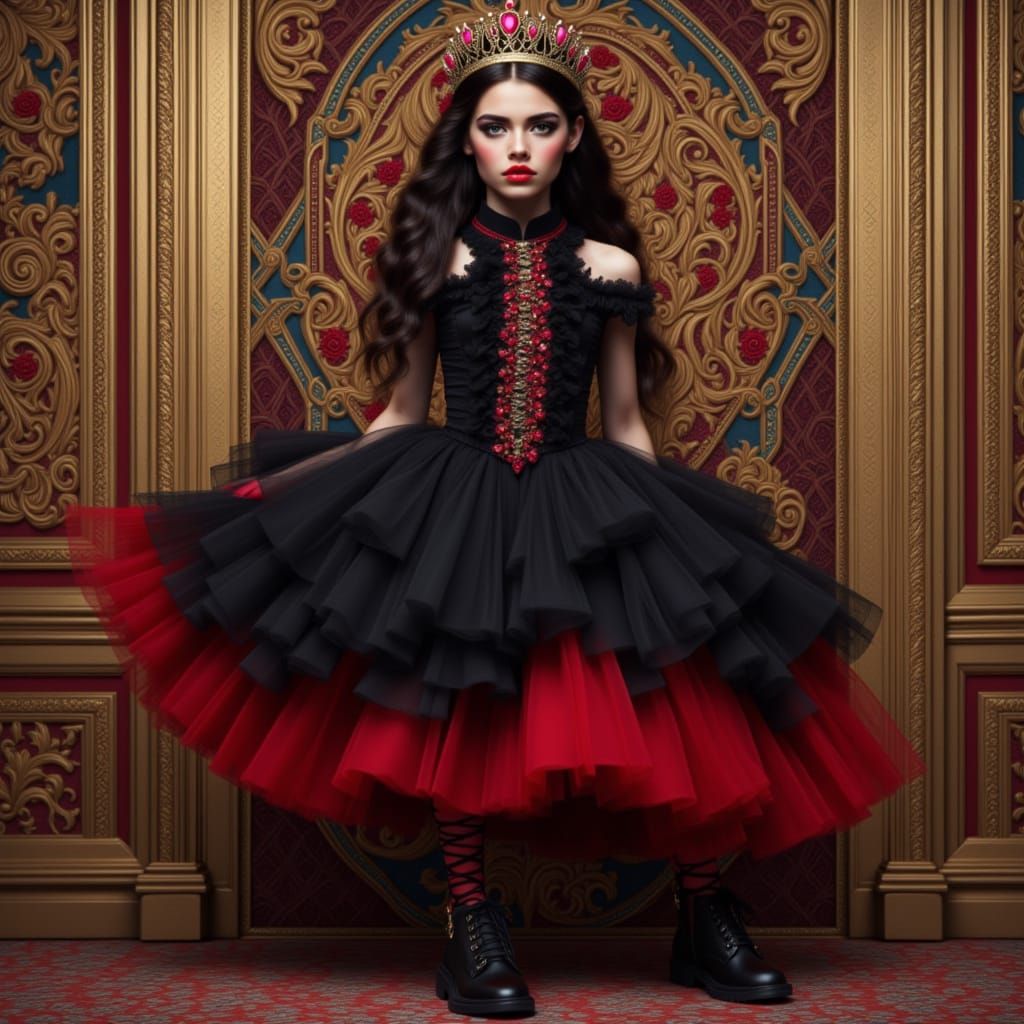 Girl Stepping From Card in Punk Tulle Dress with Ruby Crown