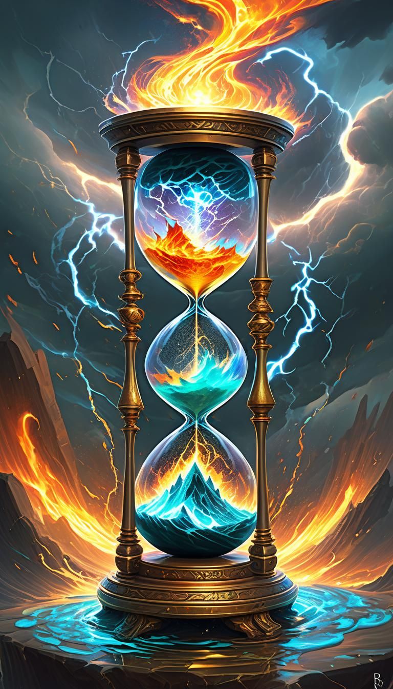 Hourglass with Fire and Electricity, Digital Art