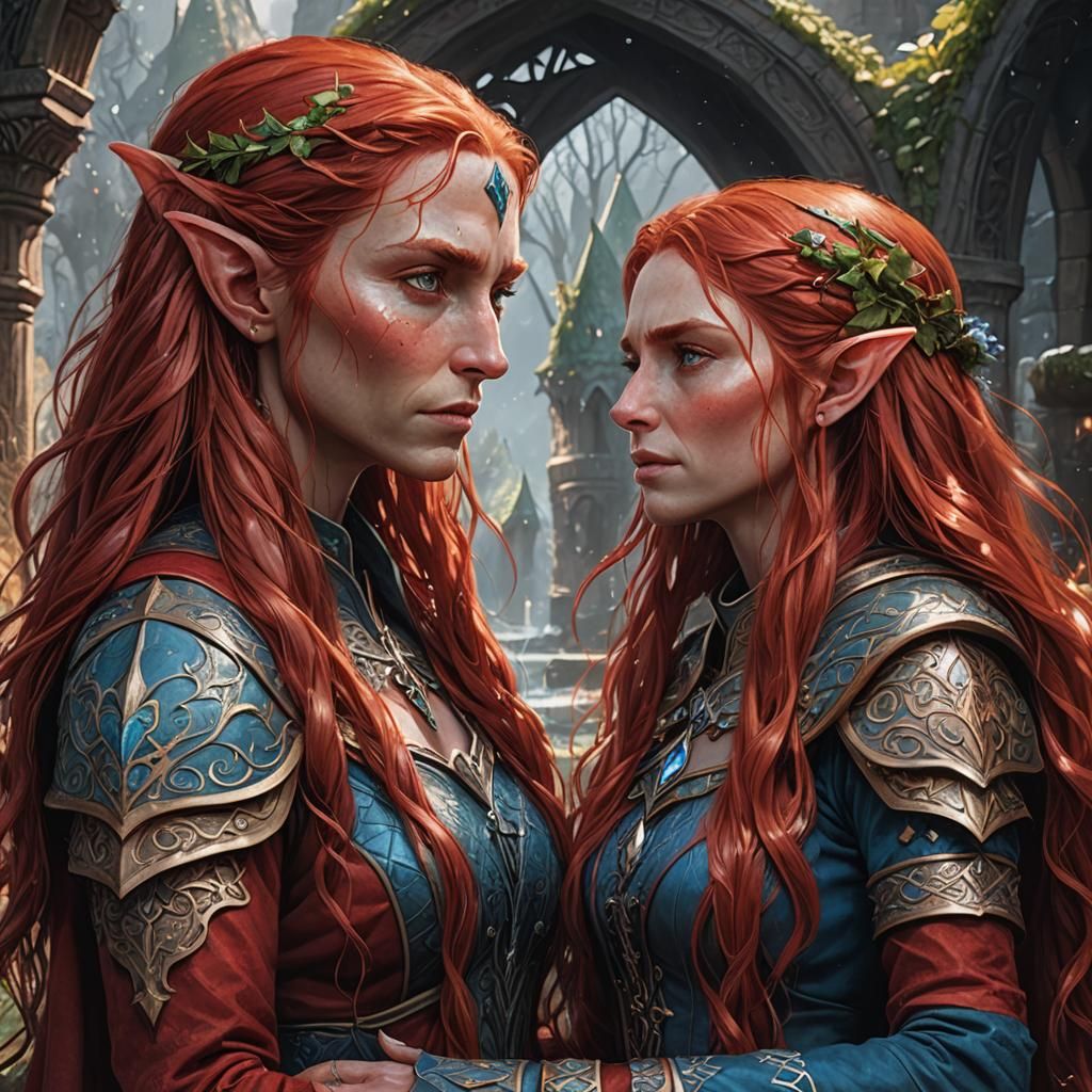 A female elf, in her 40's, with long red hair, blue eyes and...