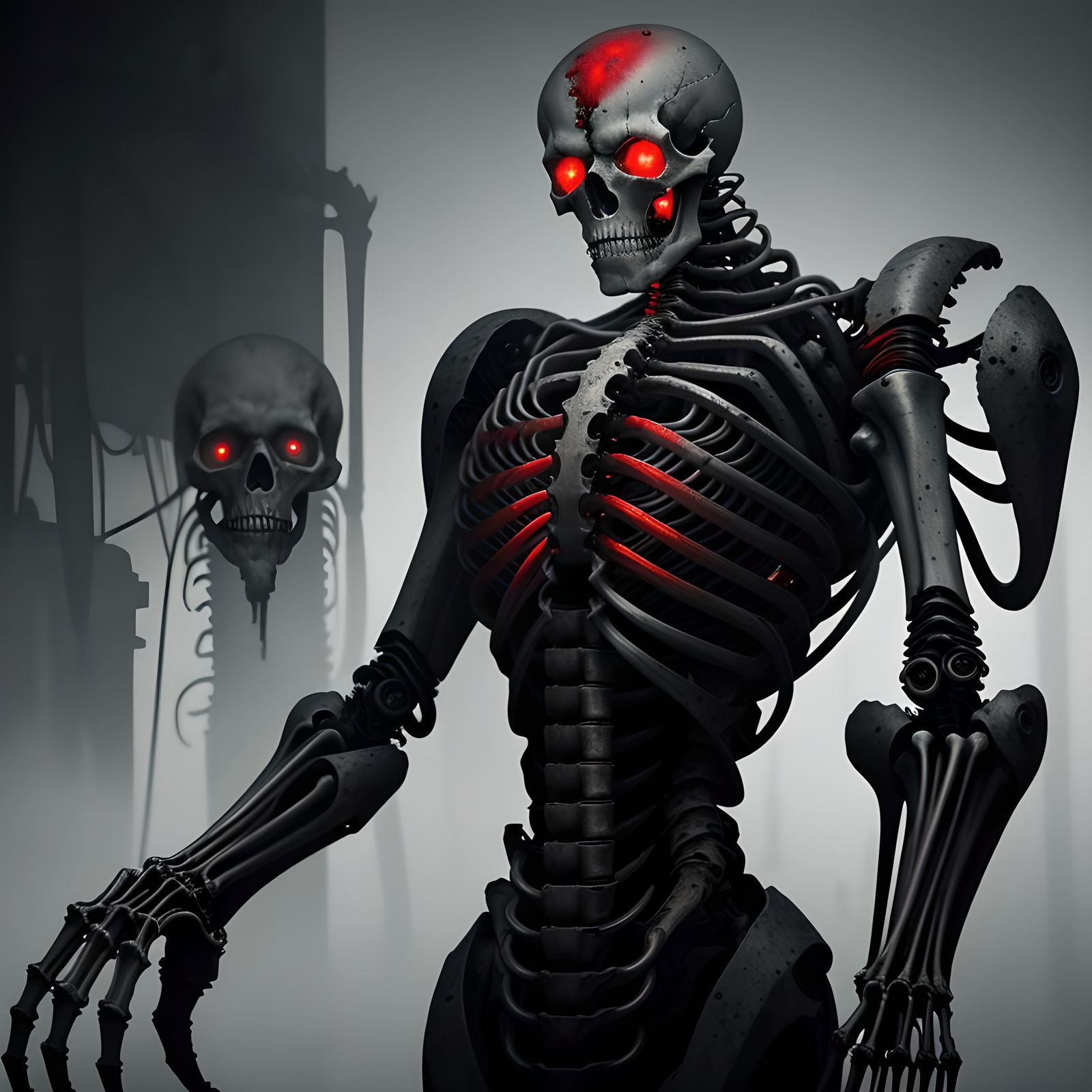 Surreal Skeletal Figures in Dystopian Mechanical Dreamscape