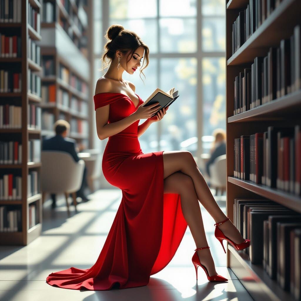 Businesswoman in Red Dress Absorbed in Book at Library