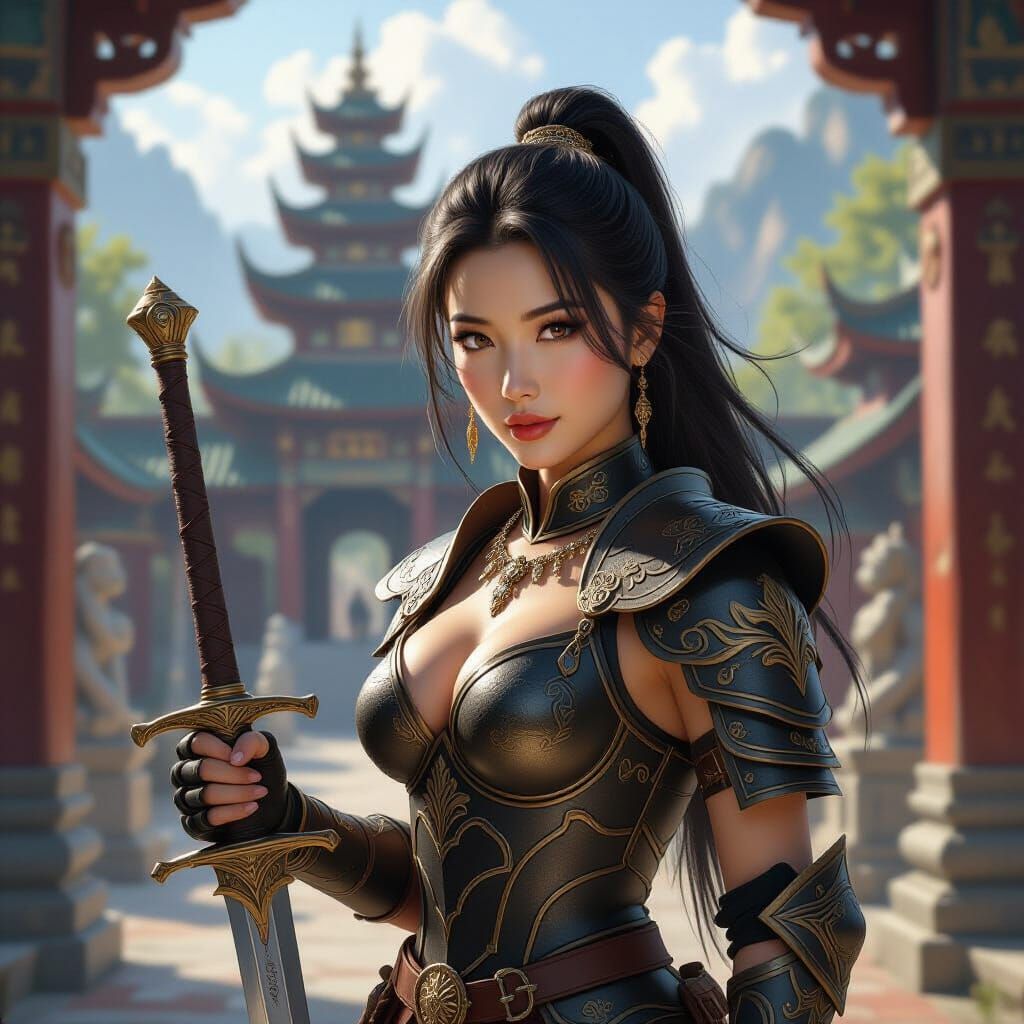 Asian Warrior Woman with Dragon Temple, Art Nouveau