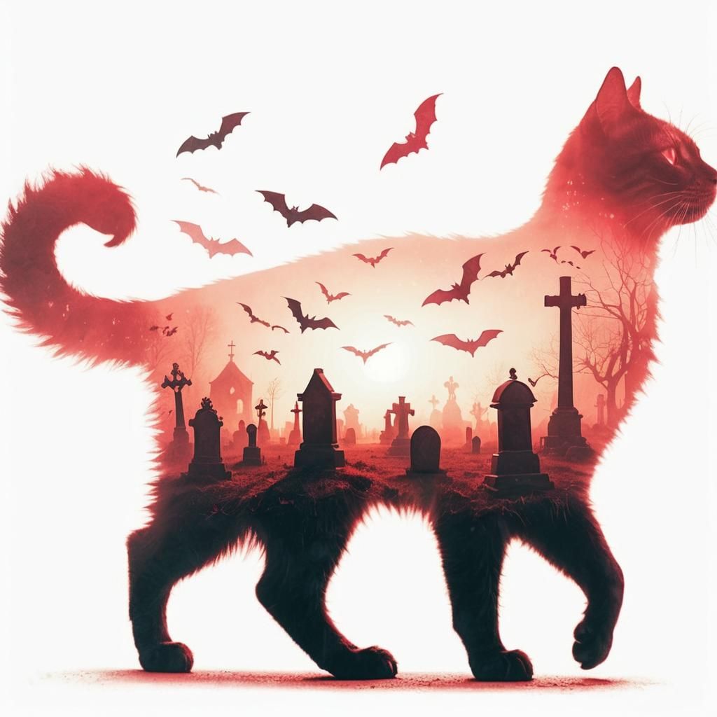 Surreal Graveyard Scene with Giant Cat Silhouette